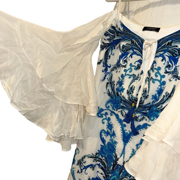 Caffe SWIM 100% SILK indigo blue flutter cold shoulder sleeve tunic COVER top S - Picture 3 of 6